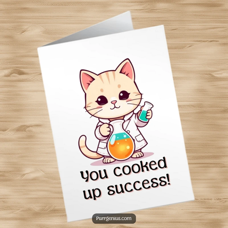 Funny Free Printable Congratulations Card showing a Kawaii cat in a lab coat mixing a colorful beaker, celebrating a breakthrough.