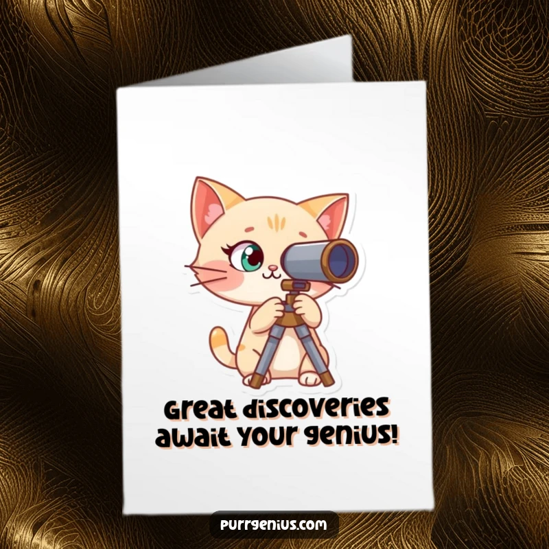 Funny Free Printable Congratulations Card: Curious cat character peering into a telescope, discovering something amazing.