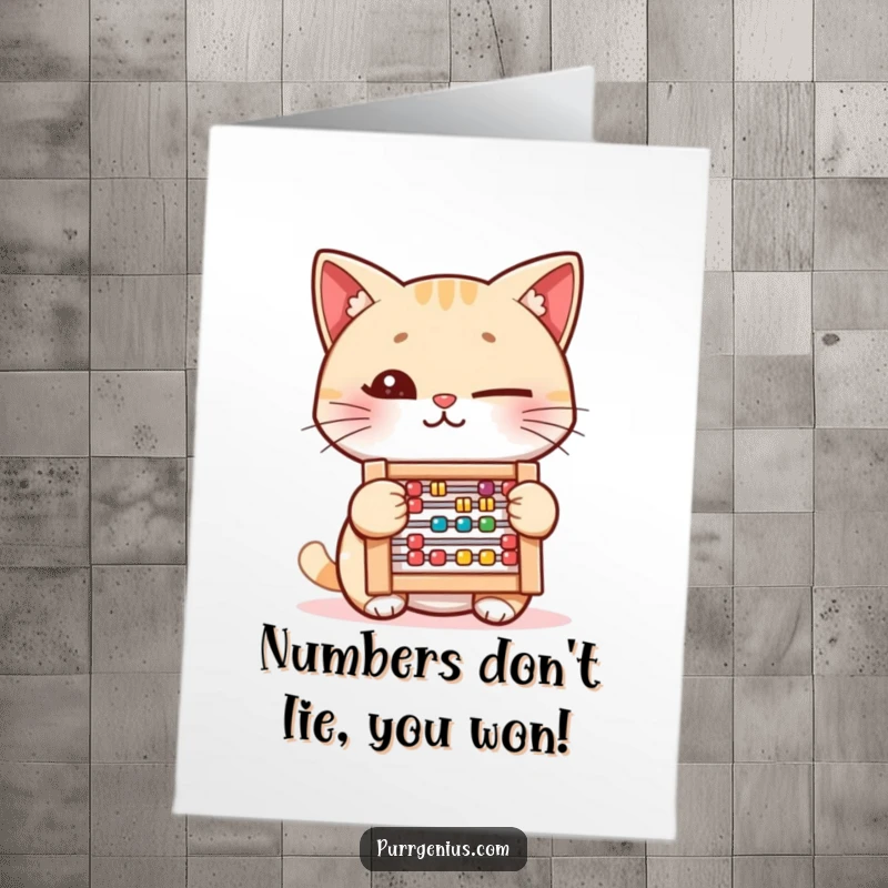 Funny Free Printable Congratulations Card: A cat winks slyly, holding an abacus, celebrating a successful calculation or achievement.