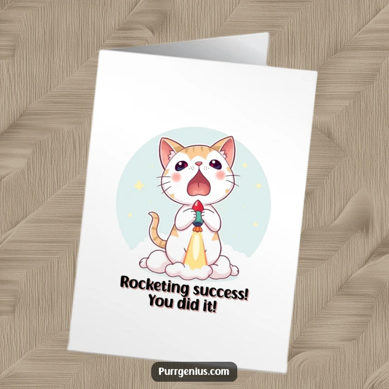 Funny Free Printable Congratulations Card: Cat with wide eyes looking surprised as a tiny rocket blasts off in celebration.