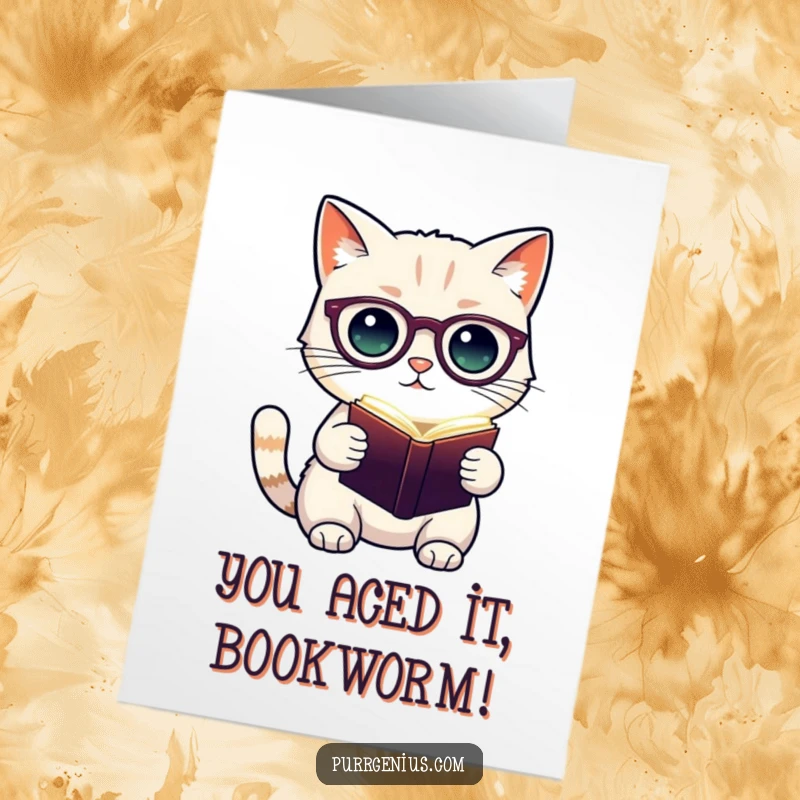 Funny Free Printable Congratulations Card: Cat scholar in spectacles holds a glowing book, celebrating success with wisdom.