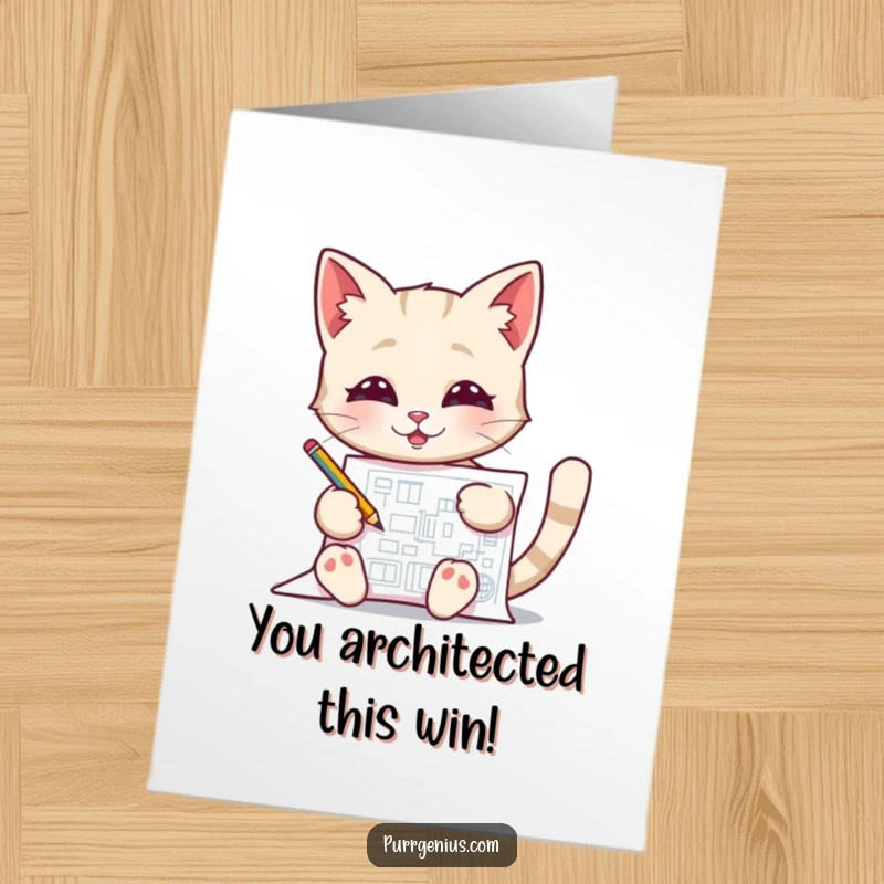 Funny Free Printable Congratulations Card: A proud cat sketching a detailed blueprint, celebrating a perfectly executed plan with satisfaction.