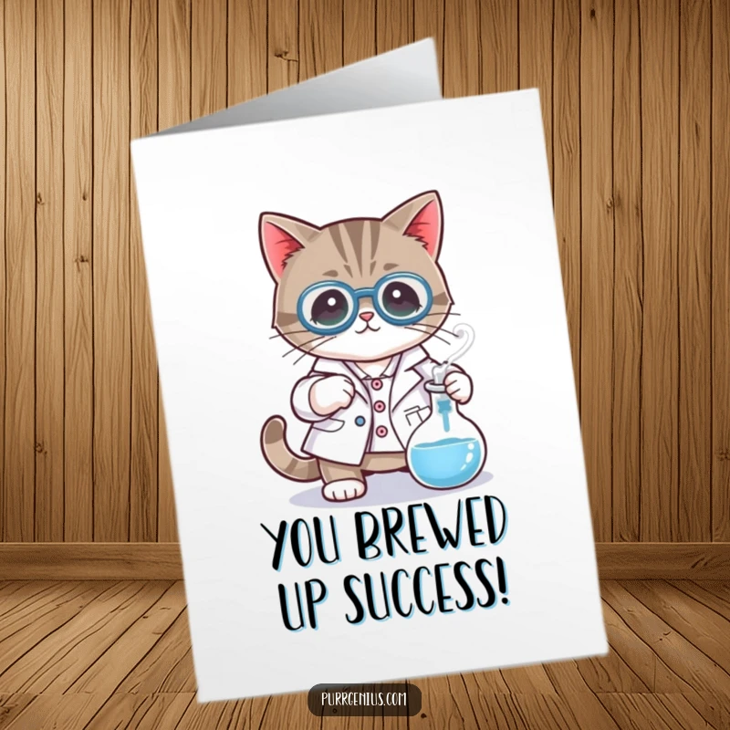 Funny Free Printable Congrats Card: A cat scientist stirs a bubbling beaker, celebrating success with a humorous chemical reaction. Downloadable gift.