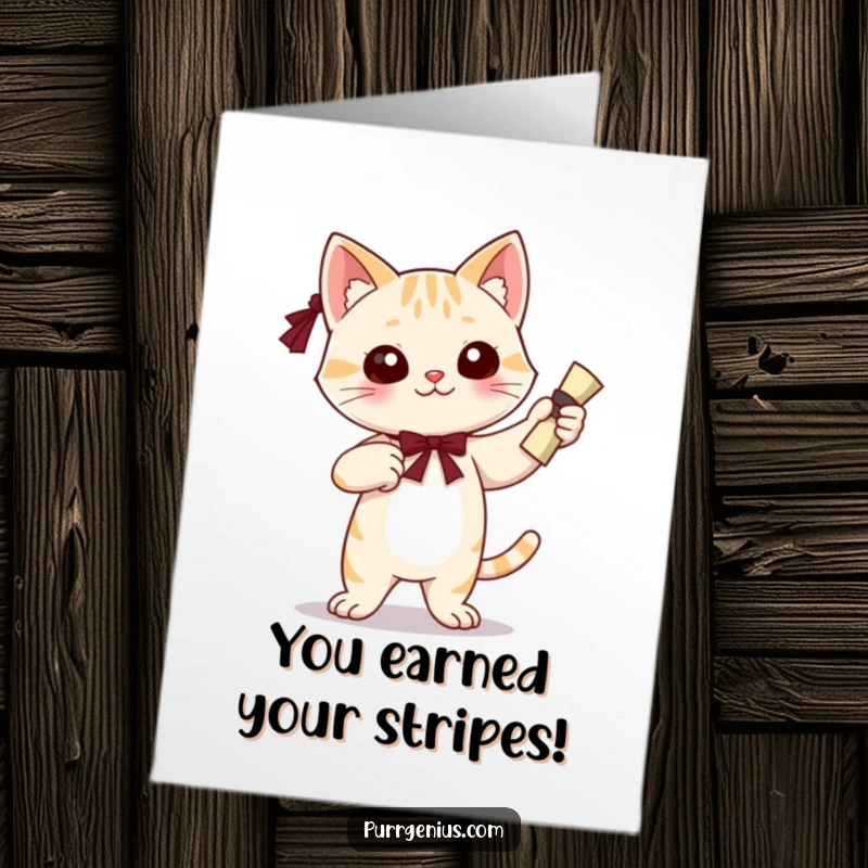Funny Free Printable Congratulations Card showing a cute cat character striking a confident pose, diploma in paw, after graduating.