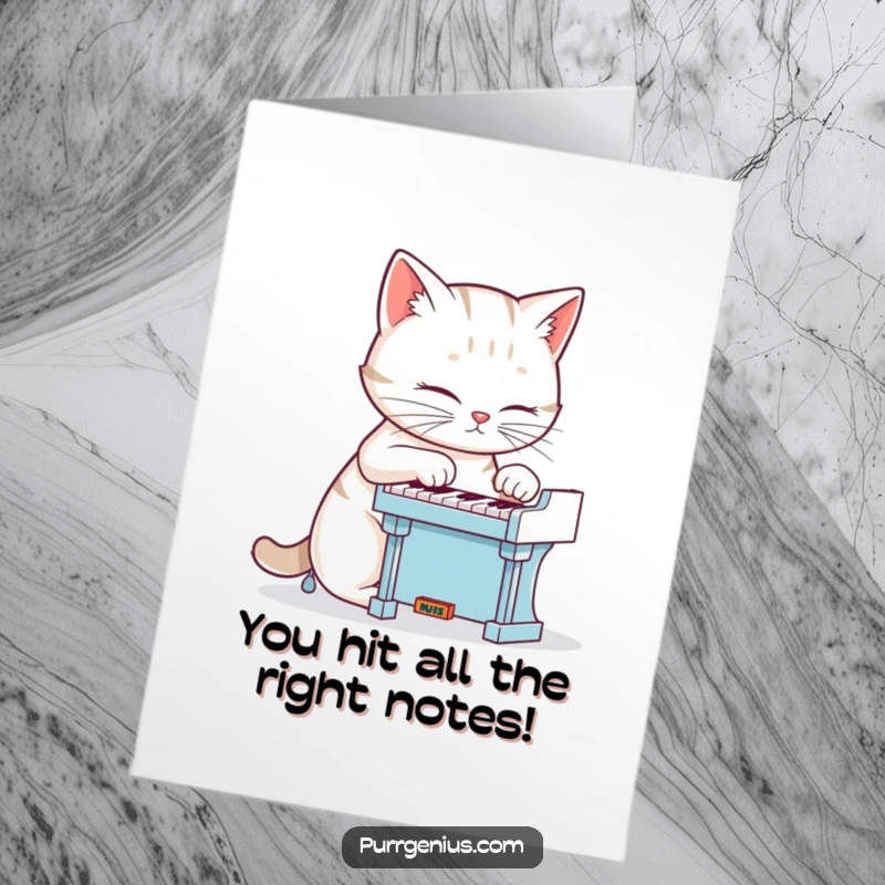 Funny free printable congratulations card: A cat pianist plays a celebratory tune, showcasing musical talent for your big win.
