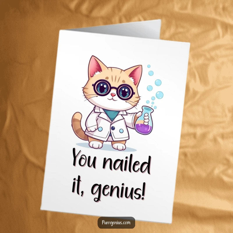 Funny Free Printable Congratulations Card: Cat scientist with bubbling beaker, celebrating a brilliant achievement with humor.