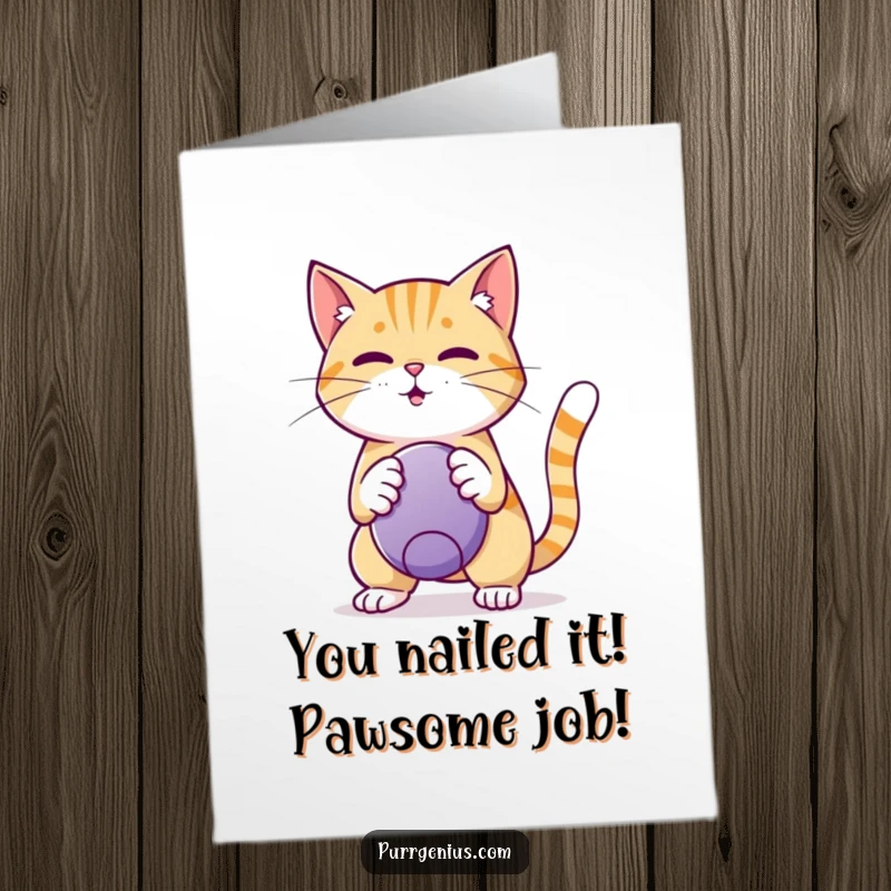 Funny Free Printable Congratulations Card: A skilled cat performs a balancing trick with a ball, celebrating success, DIY download.