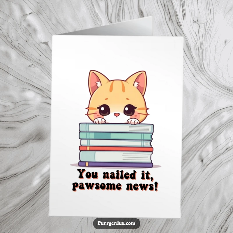 Funny Free Printable Congratulations Card: Curious cat peeking from behind oversized books, celebrating achievement.