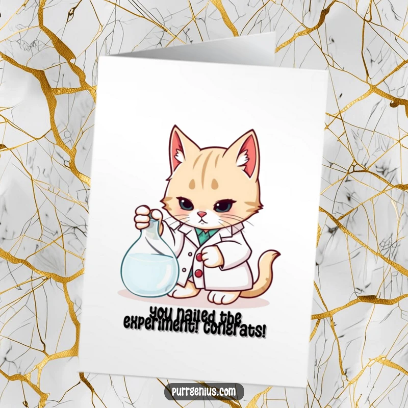 Funny free printable congratulations card: a cat in a lab coat closely studying a beaker with a curious look.