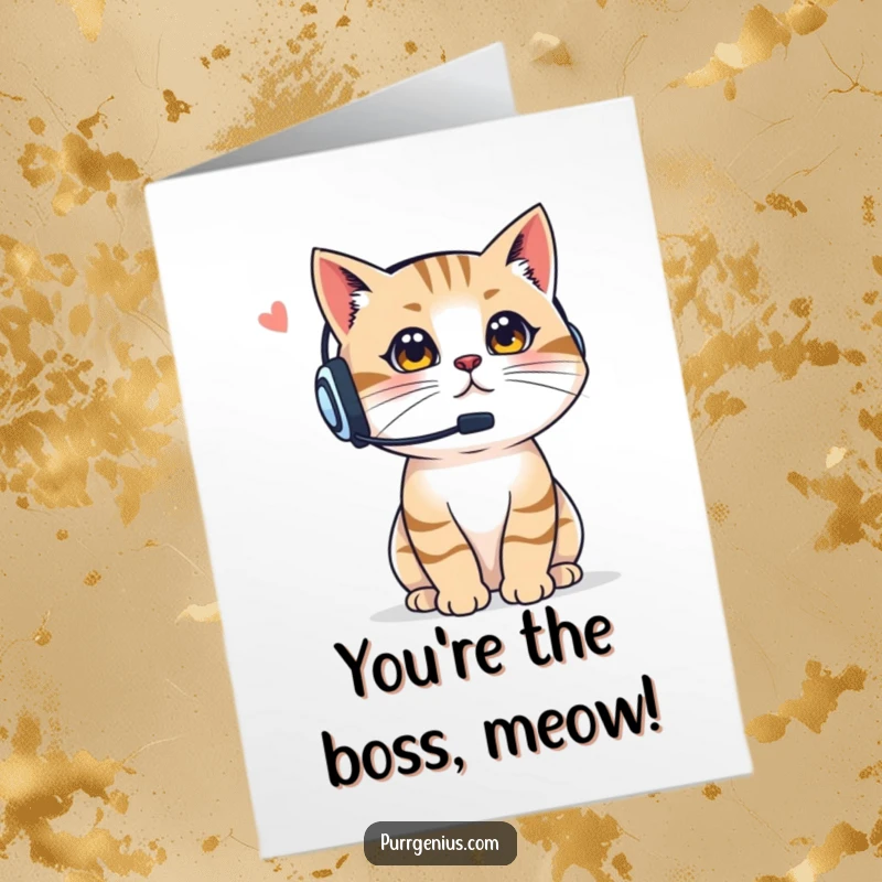 Funny Free Printable Congratulations Card: A cat in a headset confidently issues instructions for celebration.
