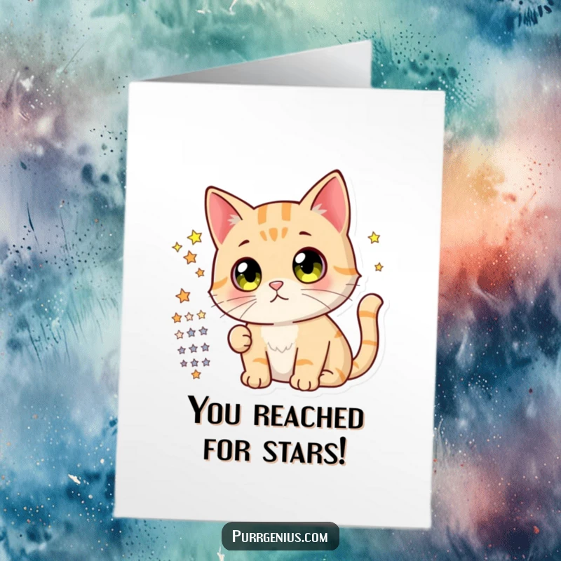 Funny free printable congratulations card featuring a cute cat with wide eyes, looking with wonder at a complex star chart.