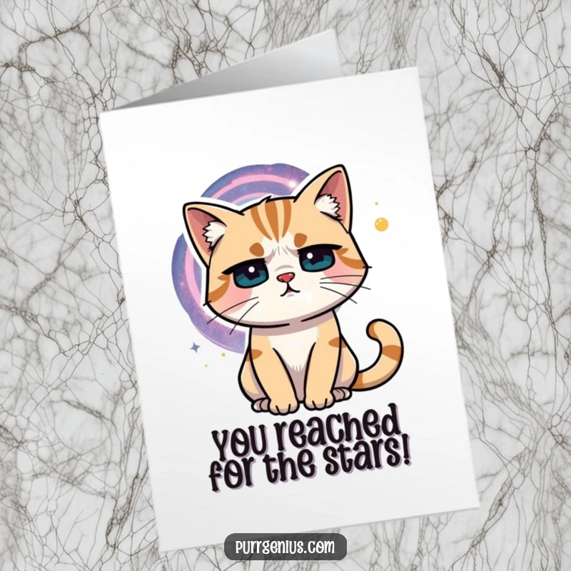 Funny Free Printable Congratulations Card: A cat gazes at a swirling galaxy, pondering magnificent accomplishments.