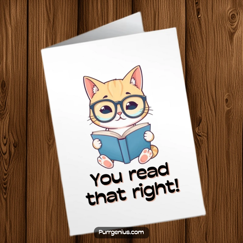 Free Printable Congratulations Card: A studious cat with large glasses reads a book, celebrating your success with wisdom.