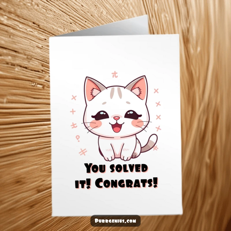 Funny free printable congratulations card showing a delighted kawaii cat amidst equations, celebrating academic or personal triumphs with smart humor.