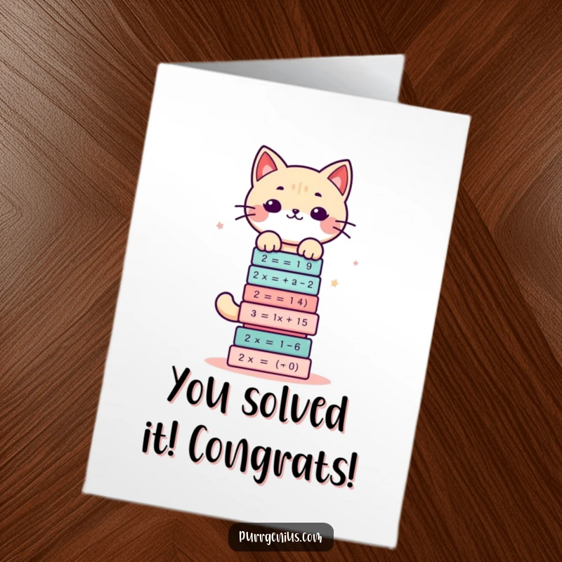 Funny free printable congratulations card: A cute Kawaii cat balances complex math equations, showcasing intelligence. A stellar downloadable message!