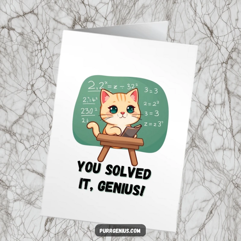 Funny Free Printable Congratulations Card featuring a cat analyzing an intricate equation on a chalkboard.