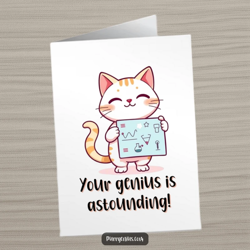 Funny Free Printable Congratulations Card showing a Kawaii cat confidently explaining a scientific diagram, celebrating a smart win.