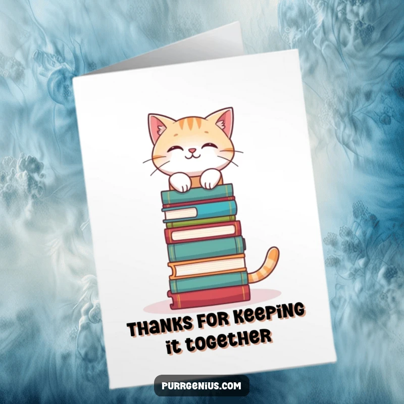 Funny Free Printable Thank You Card: A cat gracefully balances books on its head, thanking you for your intelligence.
