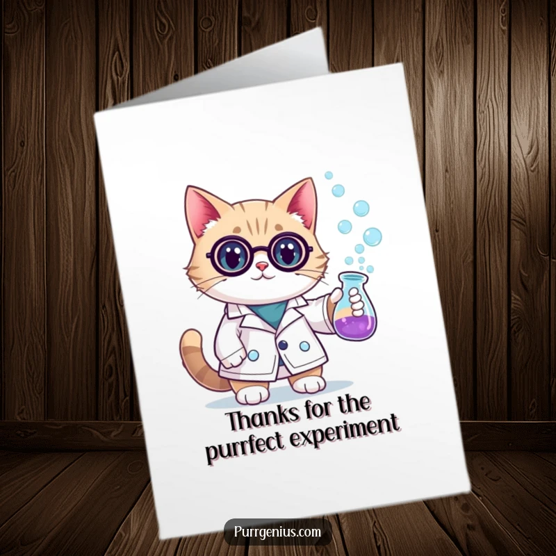 Funny Free Printable Thank You Card: Cat scientist offering thanks with a bubbly beaker and a smile.