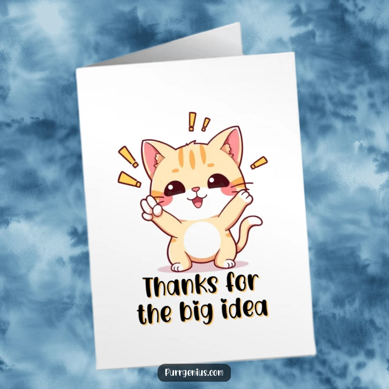 Funny free printable thank you card with a cute cat character striking an 'aha!' pose, celebrating a great idea.