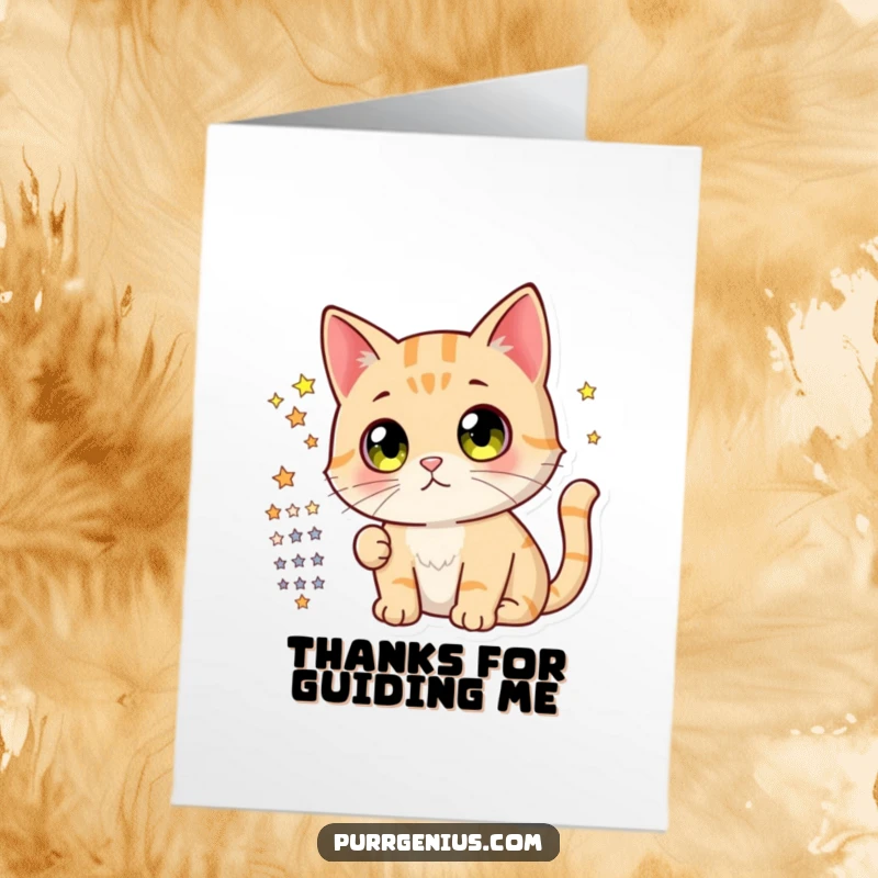 Funny free printable thank you card with a cute cat looking up with wide eyes at a star chart, expressing thanks.