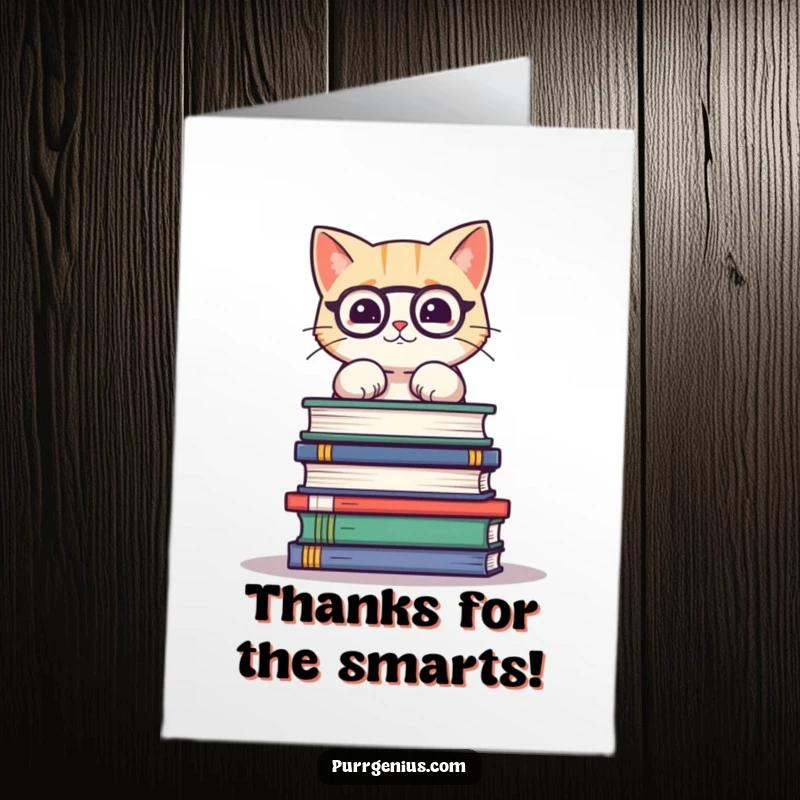 Funny free printable thank you card featuring a cute cat wearing glasses, balancing a huge stack of science books with gratitude.