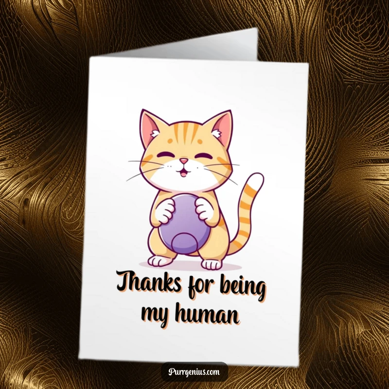 Funny Free Printable Thank You Card: A talented cat performs a trick with a ball, expressing heartfelt thanks, DIY download.