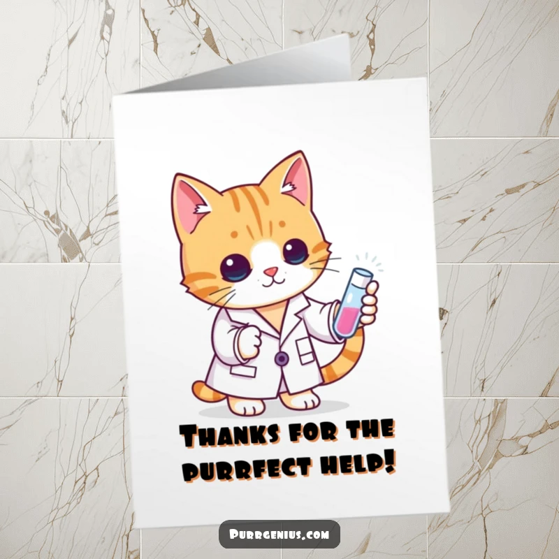 Funny Free Printable Thank You Card: Cat scientist in lab coat offers a test tube with a grateful smile.