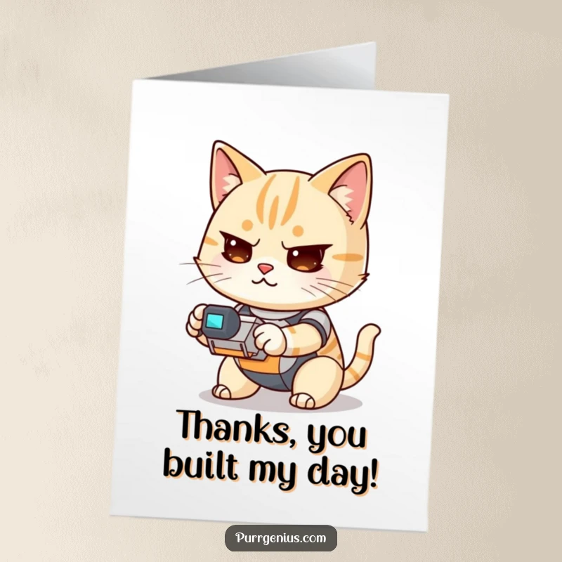 Funny Free Printable Thank You Card featuring a cute Kawaii cat intently operating a tiny robot, expressing heartfelt thanks.