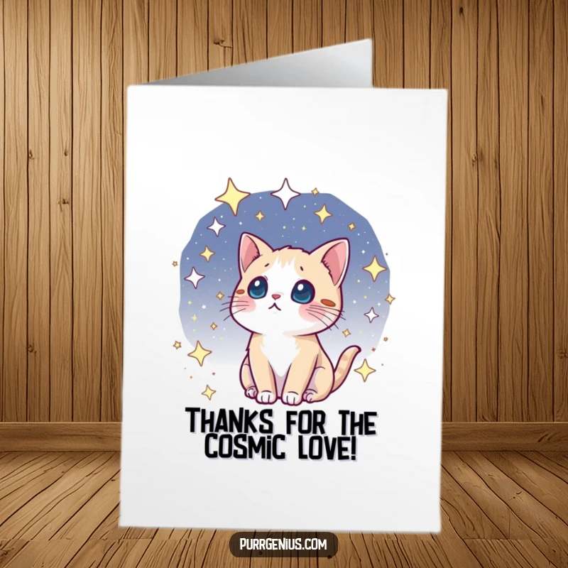 Funny free printable thank you card featuring a kawaii cat gazing at stars, expressing deep gratitude with cosmic charm and wonder.