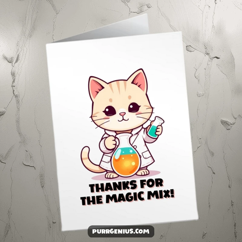Funny Free Printable Thank You Card featuring a cute Kawaii cat in a lab coat stirring a beaker, offering thanks with a smile.