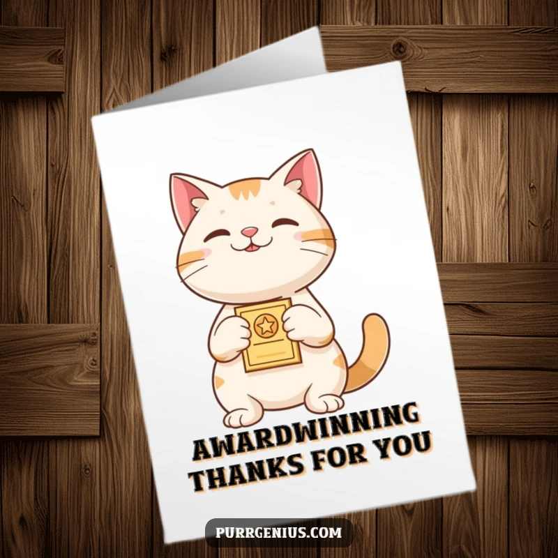 Funny Free Printable Thank You Card: A proud cat presents a tiny award, humorously acknowledging gratitude for something special.