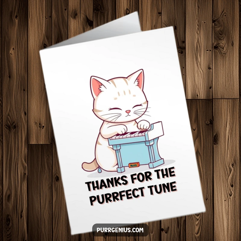 Funny free printable thank you card: A cat pianist plays a sweet melody to express heartfelt gratitude with charm.