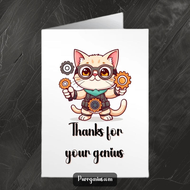 Funny Free Printable Thank You Card: Cat inventor striking a pose with gears, thanking them for brilliant ideas.