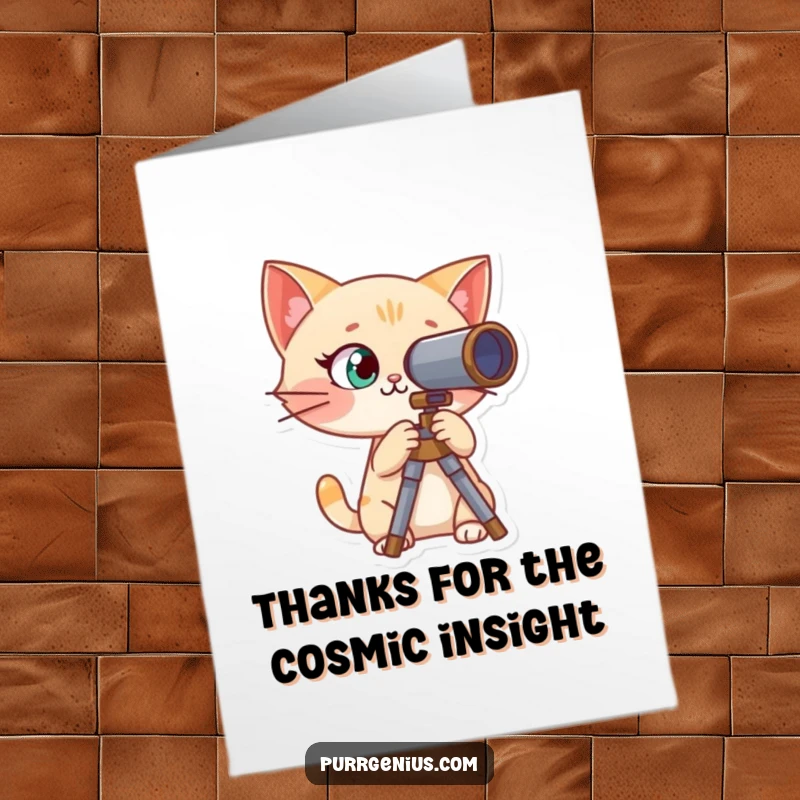 Funny Free Printable Thank You Card: Curious cat character peering into a telescope, gaining profound insight.