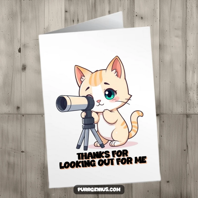 Funny Free Printable Thank You Card: A curious cat uses a telescope to look at the stars, expressing thanks with celestial humor. Perfect gift.