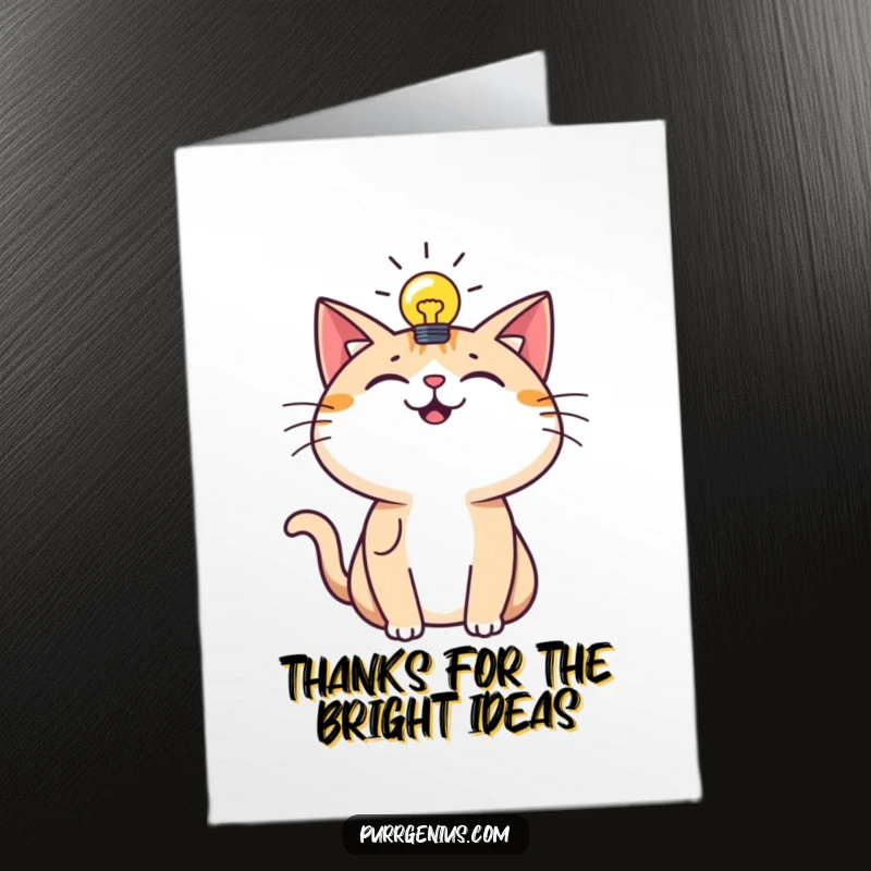 Funny free printable thank you card: a cat with a lit lightbulb above its head, expressing thanks for inspiration.