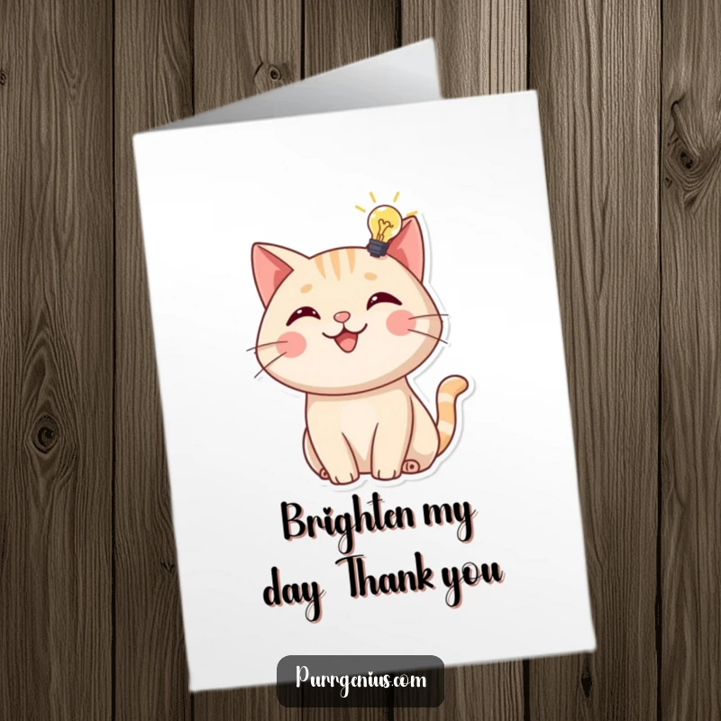 Funny Free Printable Thank You Card: A cat sparkles with intelligence, a lightbulb overhead signifying gratitude for a brilliant suggestion.