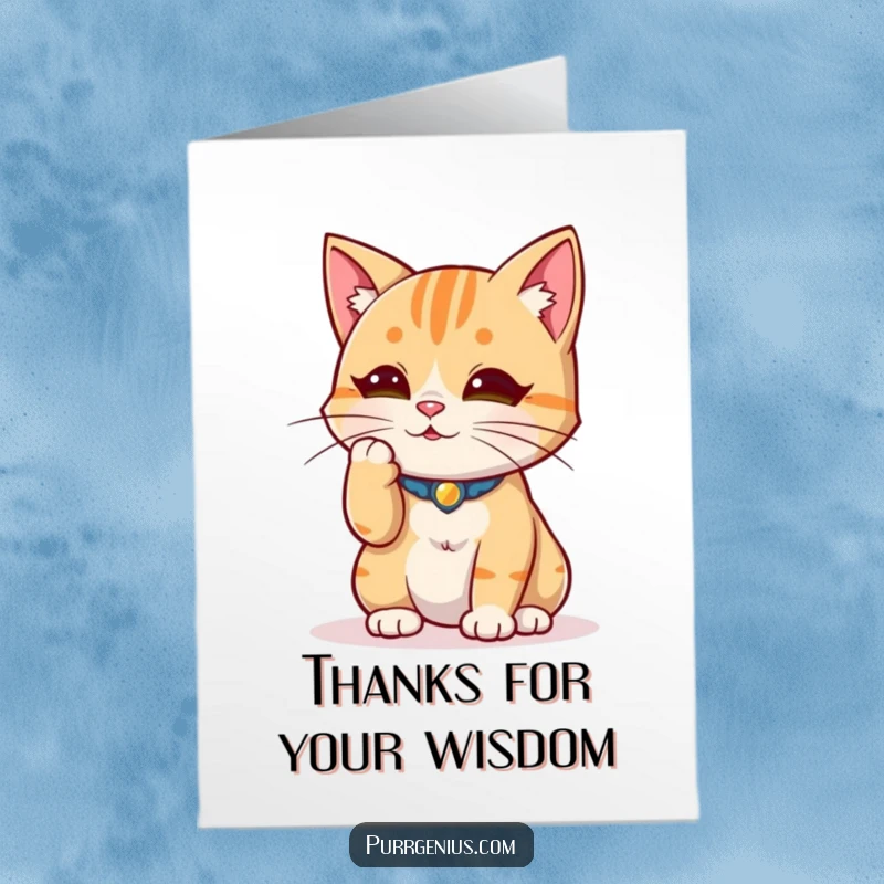Funny Free Printable Thank You Card: Wise cat strokes whisker, a thoughtful expression conveying gratitude.