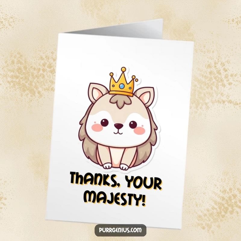 Funny Free Printable Thank You Card: An animal character adorned with a tiny crown, expressing sincere and regal thanks.