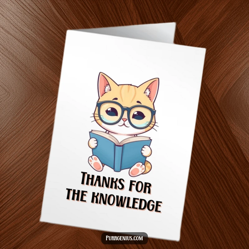 Free Printable Thank You Card: A funny cat in big glasses reads a book, offering a scholarly thanks.