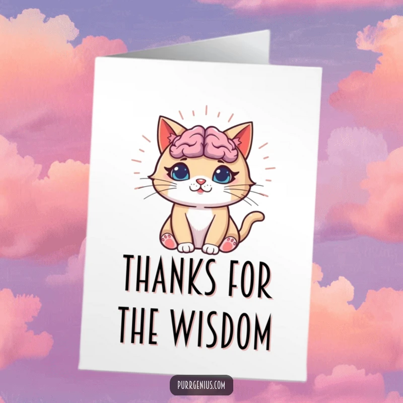 Funny Free Printable thank you card of a cat with a glowing brain, symbolizing deep knowledge and smarts.