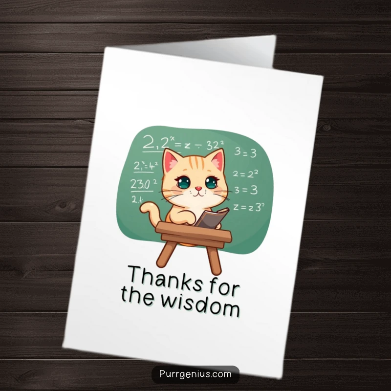Funny Free Printable Thank You Card of a cat intensely focused on a complex mathematical equation on a chalkboard.