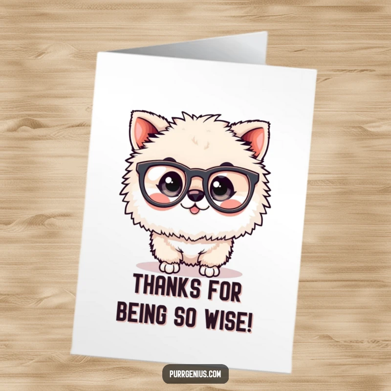 Funny Free Printable Thank You Card: A fluffy animal character wearing oversized spectacles, offering a smart and funny thank you.