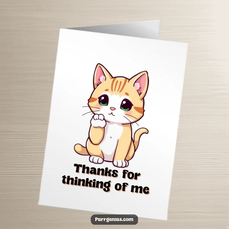 Funny Free Printable thank you card of a cat with its paw raised, deeply lost in thoughtful consideration.