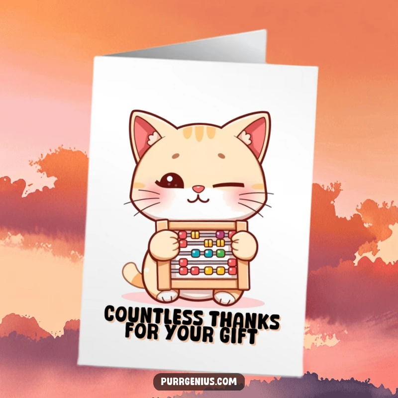 Funny Free Printable Thank You Card: A cat winks while using an abacus, humorously tallying up the reasons for gratitude.