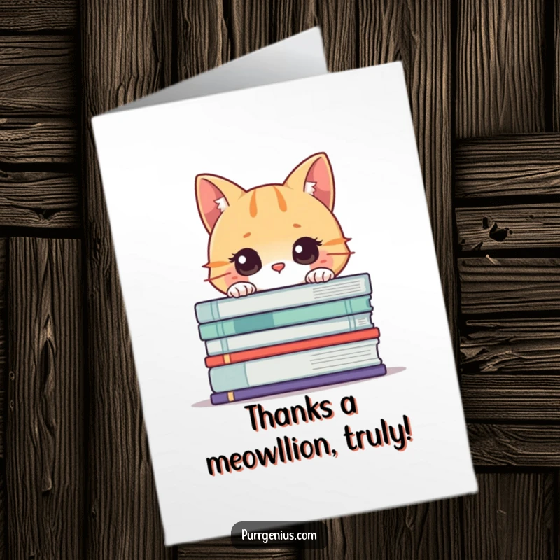 Funny Free Printable Thank You Card: Curious cat peeking from oversized books, expressing thanks whimsically.