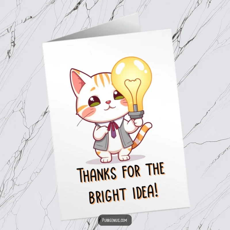 Funny Free Printable Thank You Card: Scholarly cat holding a giant glowing lightbulb, thanking for bright ideas.