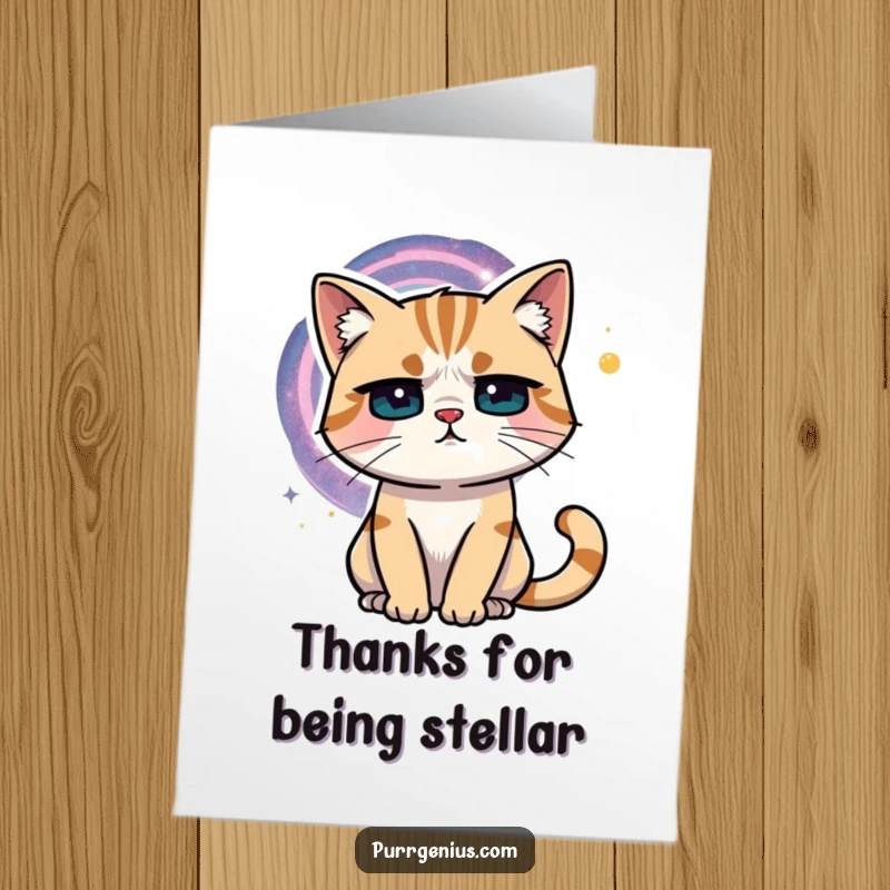 Funny Free Printable Thank You Card: A cat ponders the vast galaxy, expressing heartfelt thanks.
