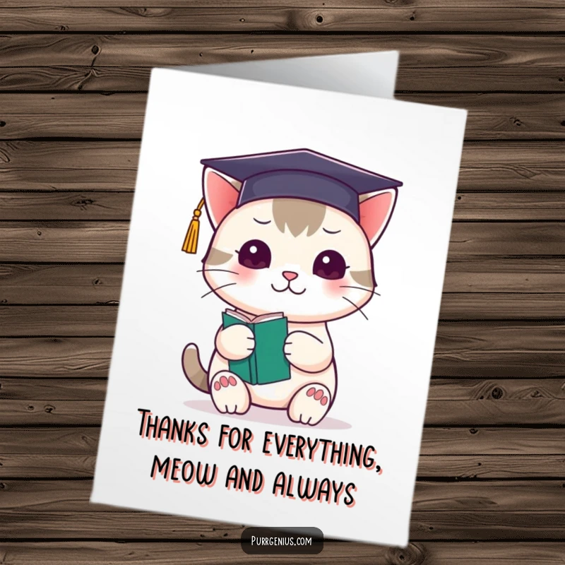 Funny Free Printable Thank You Card: A cute Kawaii cat in a graduation cap holds a book, expressing thanks whimsically.